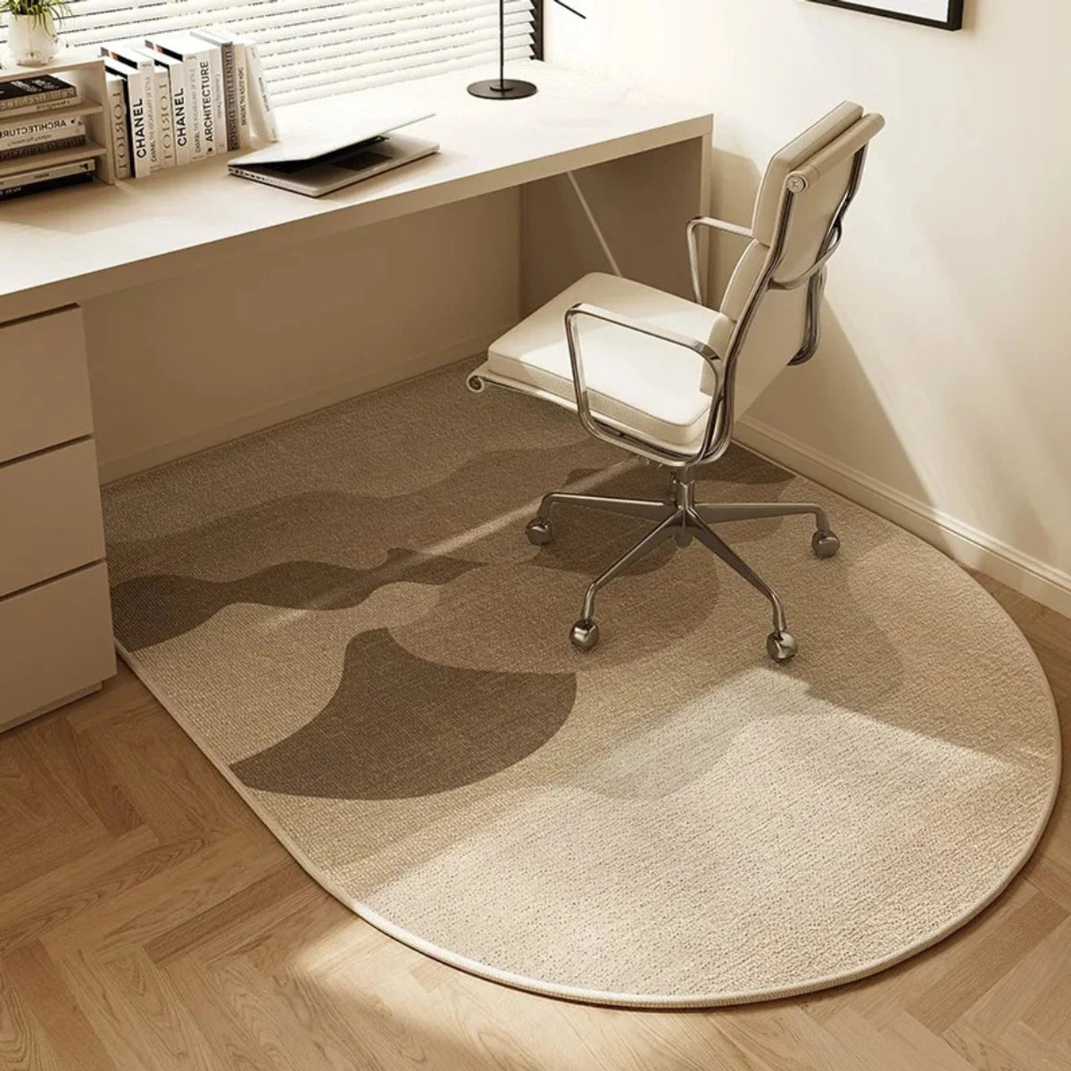 Office chair mat for carpet featuring a modern geometric design, non-slip backing, and a smooth rolling surface, ideal for protecting floors and enhancing workspace aesthetics. 4