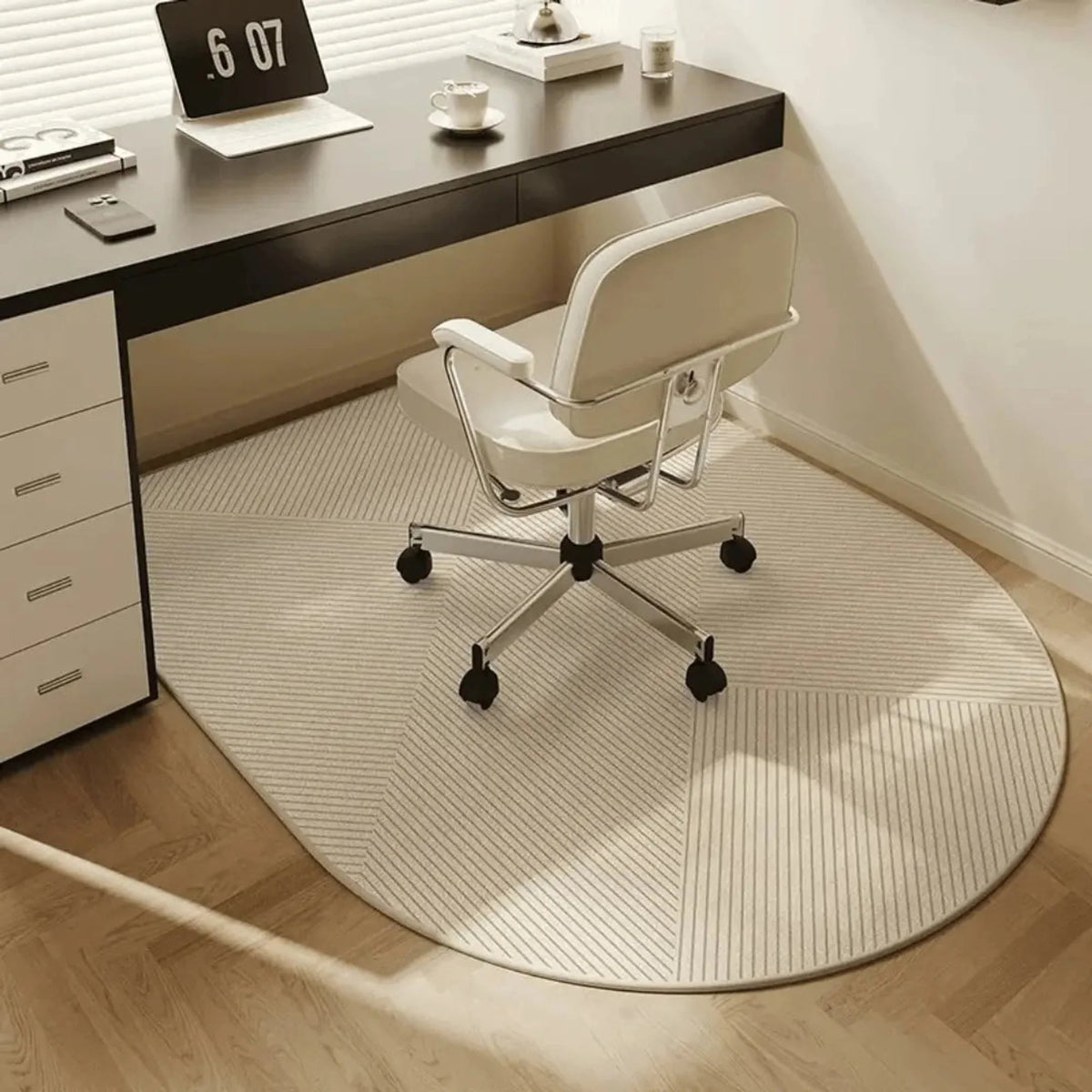 Office chair mat for carpet featuring a modern geometric design, non-slip backing, and a smooth rolling surface, ideal for protecting floors and enhancing workspace aesthetics. 0