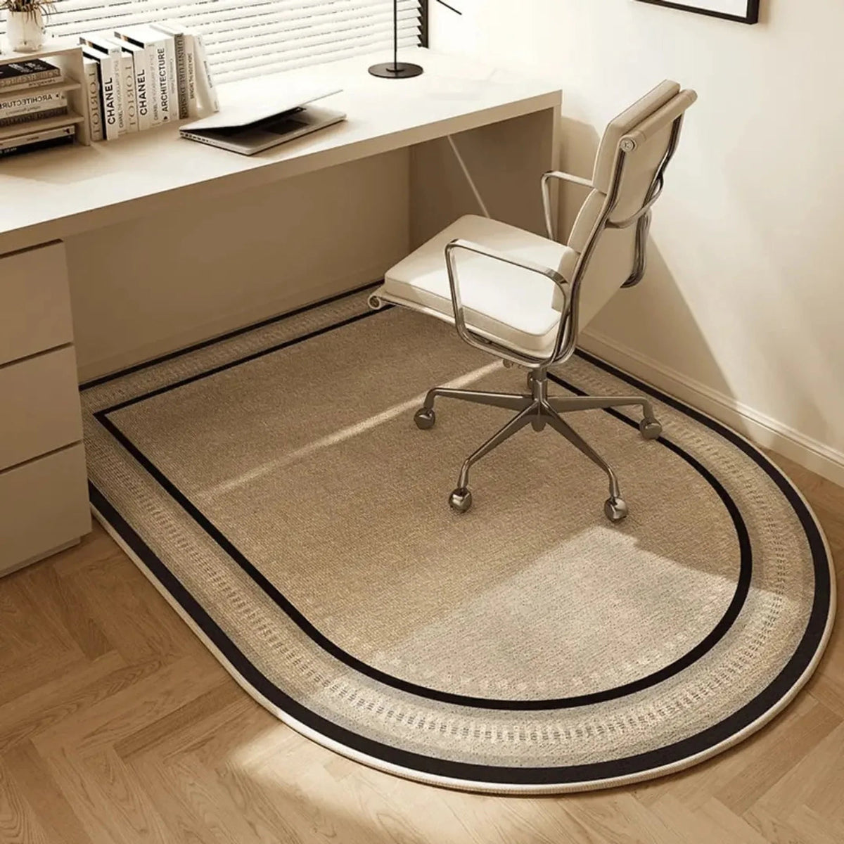 Office chair mat for carpet featuring a modern geometric design, non-slip backing, and a smooth rolling surface, ideal for protecting floors and enhancing workspace aesthetics. 3