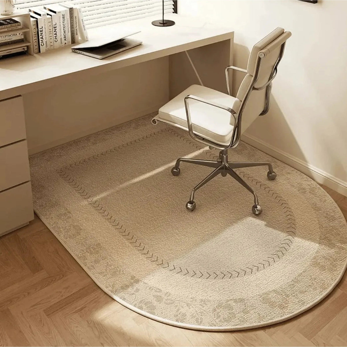 Office chair mat for carpet featuring a modern geometric design, non-slip backing, and a smooth rolling surface, ideal for protecting floors and enhancing workspace aesthetics. 6