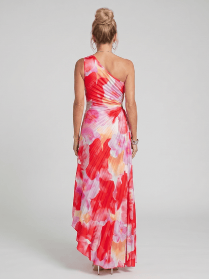 One shoulder midi dress featuring a pleated bodice, designed for a lightweight fluid fit, perfect for both casual and formal occasions. 3
