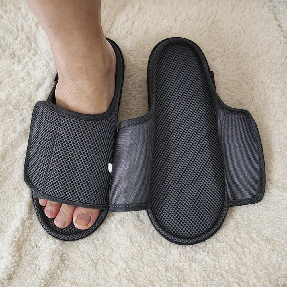 Openable slippers designed for swollen feet featuring an adjustable Velcro fit and a soft mesh upper for maximum comfort. 4