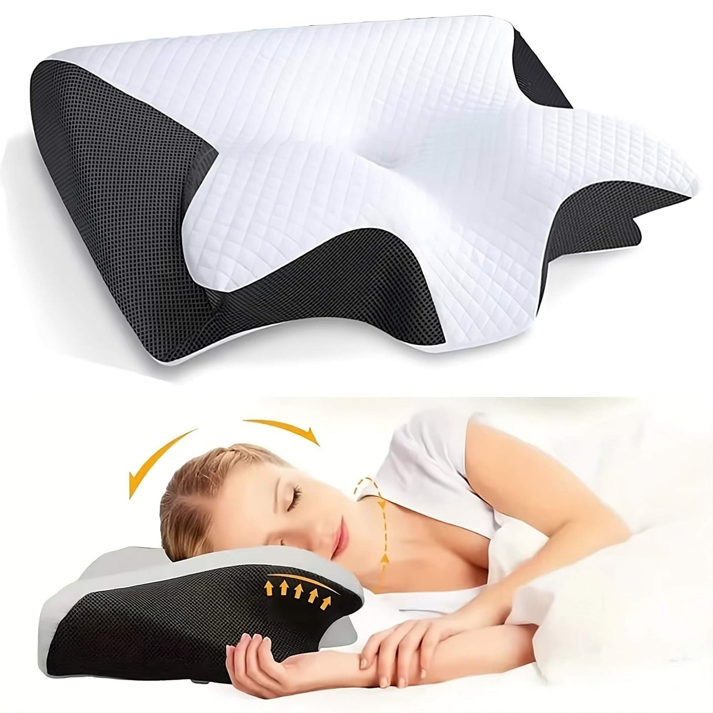 Orthopedic memory foam pillow designed for neck pain relief, featuring an ergonomic shape and hypoallergenic, washable cover. 0