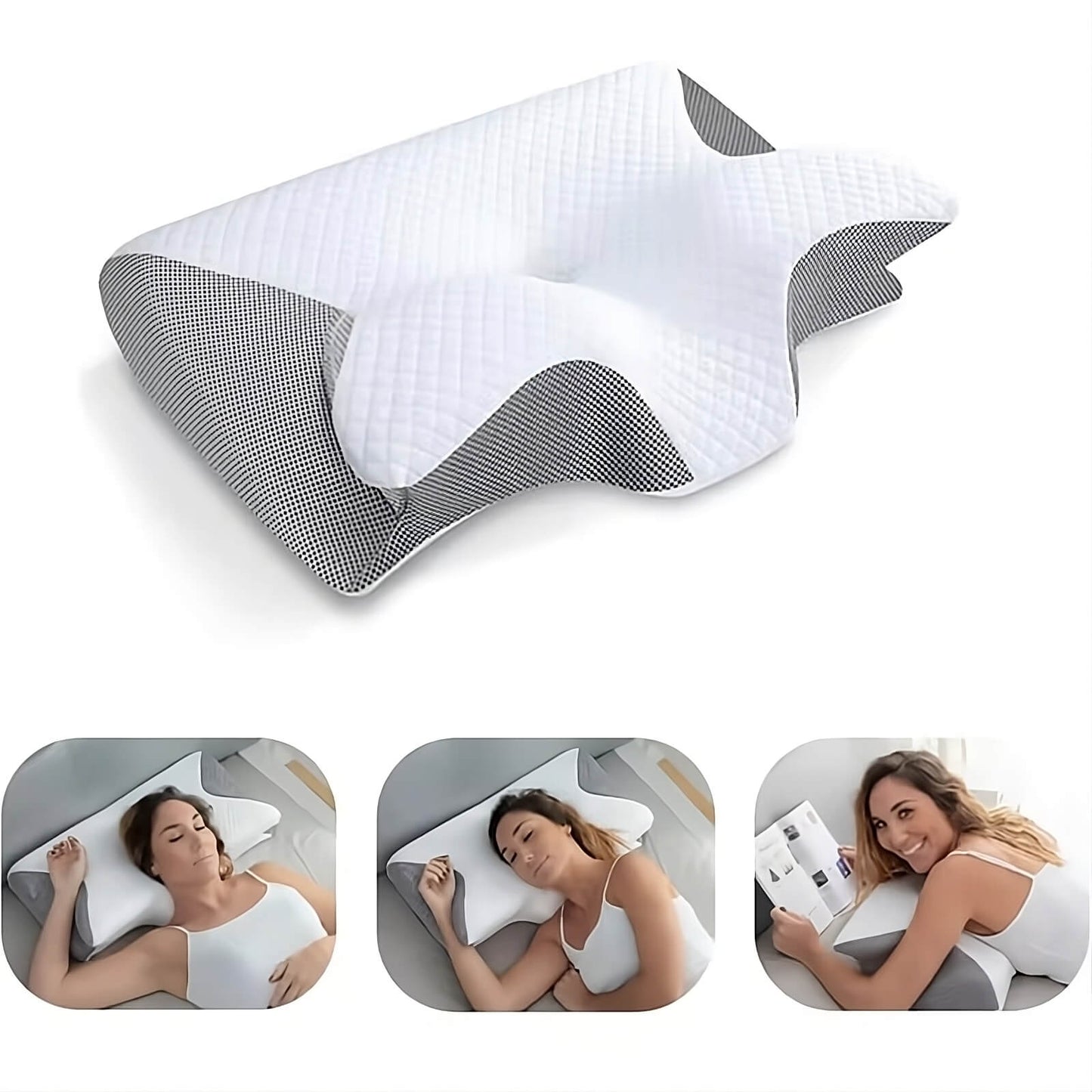 Orthopedic memory foam pillow designed for neck pain relief, featuring an ergonomic shape and hypoallergenic, washable cover. 1