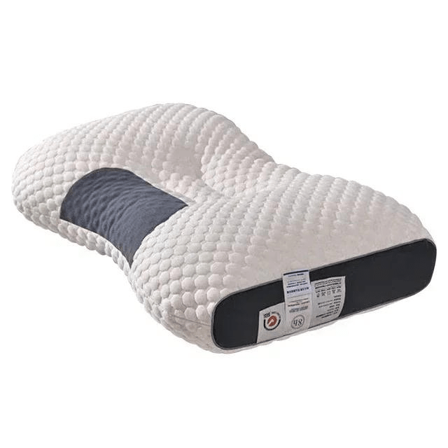 Orthopedic pillow for neck pain relief featuring a massage function, made from eco-friendly soy fiber in a stylish white and gray design. 1