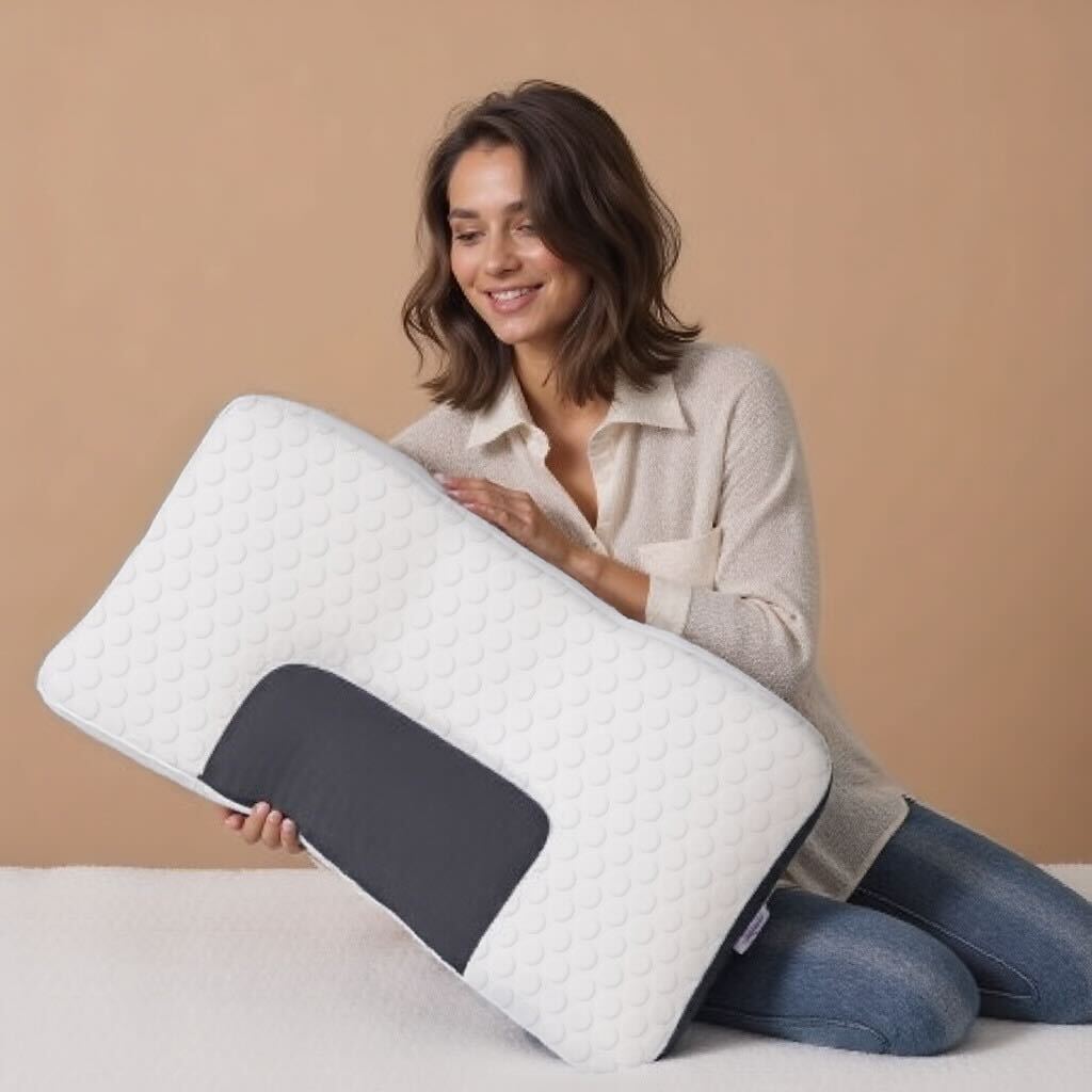 Orthopedic pillow for neck pain relief featuring a massage function, made from eco-friendly soy fiber in a stylish white and gray design. 3