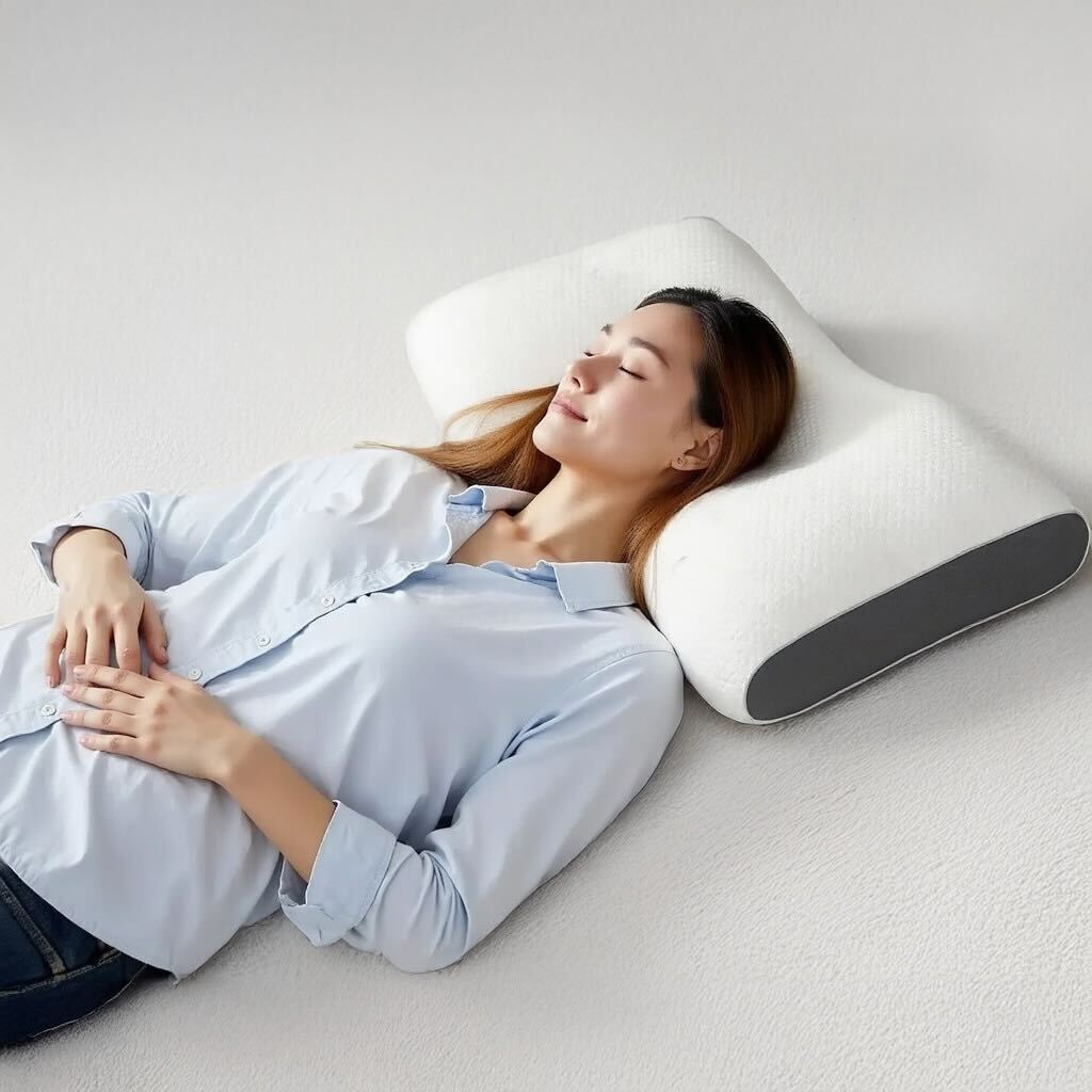 Orthopedic pillow for neck pain relief featuring a massage function, made from eco-friendly soy fiber in a stylish white and gray design. 4