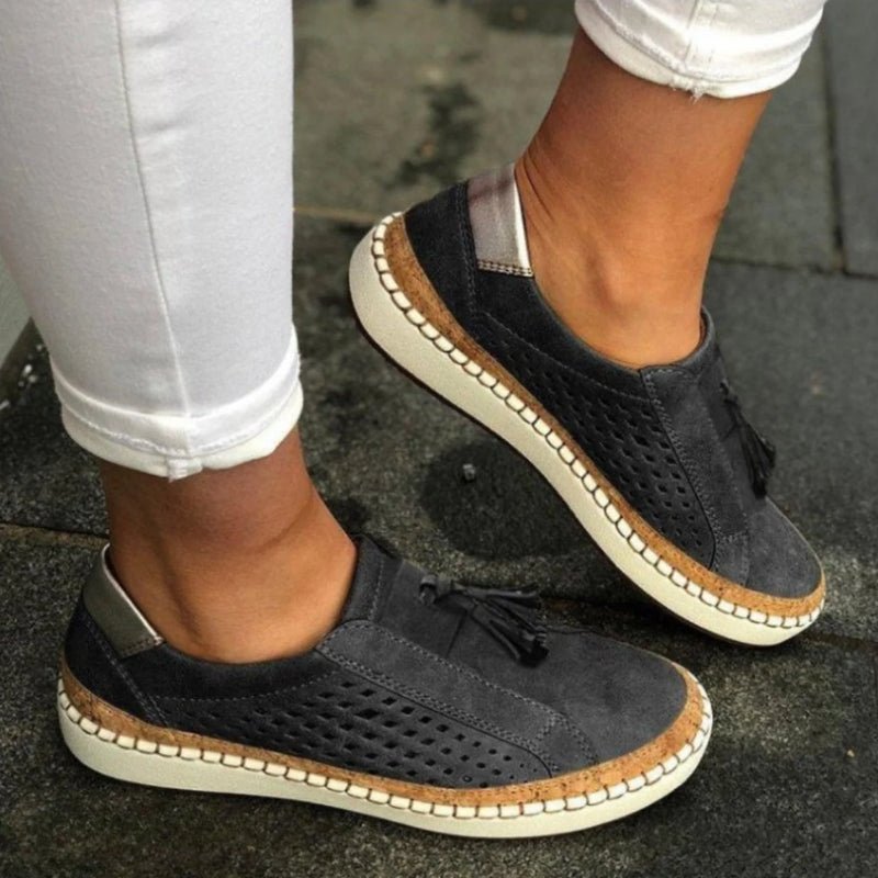 Orthopedic slip-on shoes featuring arch support and a breathable knit upper, designed with a non-slip rubber outsole for all-terrain traction. 4