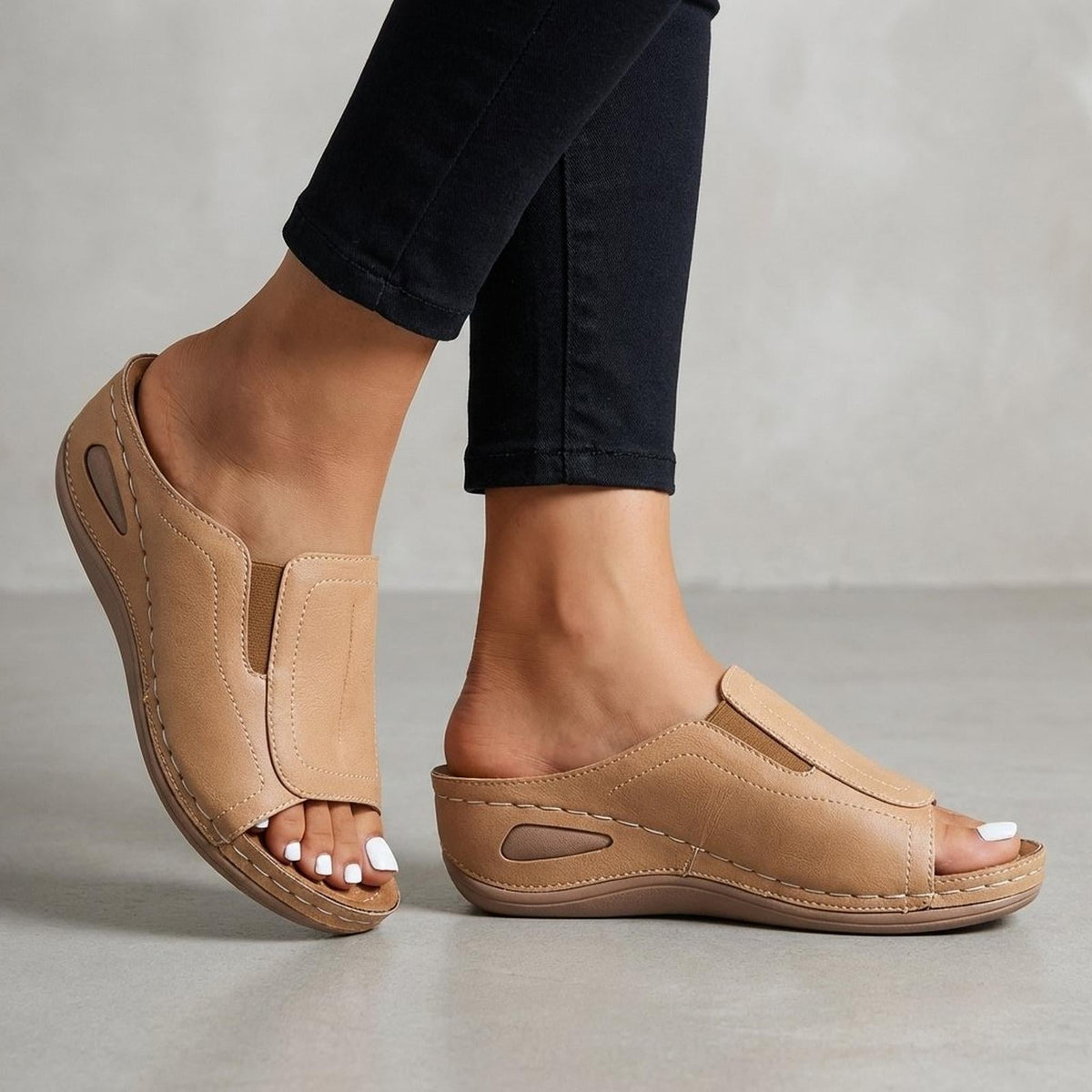 Orthopedic wedge sandals for women featuring arch support, open-toe design, and slip-on leather comfort, perfect for all-day wear. 0