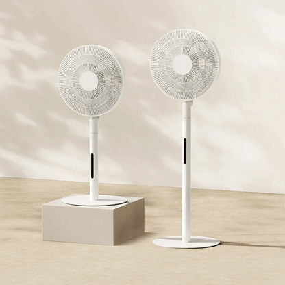 Oscillating pedestal fan with quiet DC inverter technology, featuring adjustable speed settings, designed for efficient home cooling. 0