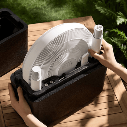 Oscillating pedestal fan with quiet DC inverter technology, featuring adjustable speed settings, designed for efficient home cooling. 3