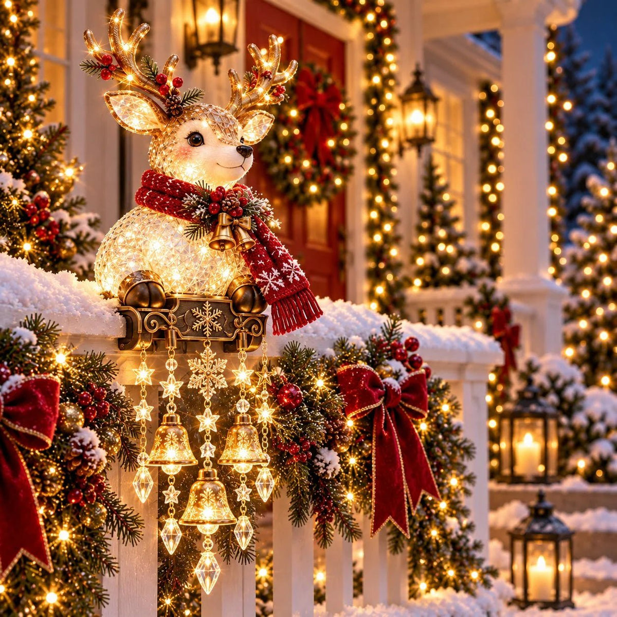 Outdoor Christmas lights featuring festive characters, providing warm LED illumination for porch railing decor, perfect for holiday celebrations. 1