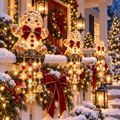 Outdoor Christmas lights featuring festive characters, providing warm LED illumination for porch railing decor, perfect for holiday celebrations. 3