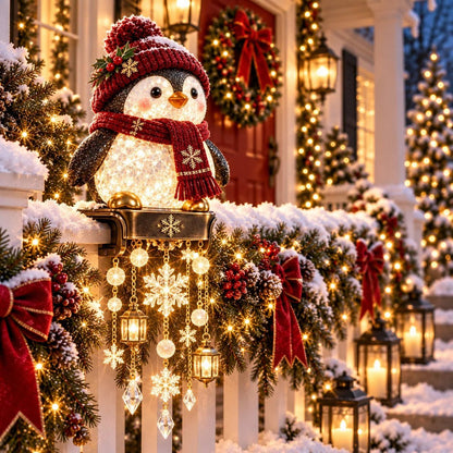 Outdoor Christmas lights featuring festive characters, providing warm LED illumination for porch railing decor, perfect for holiday celebrations. 2