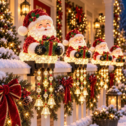 Outdoor Christmas lights featuring festive characters, providing warm LED illumination for porch railing decor, perfect for holiday celebrations. 0
