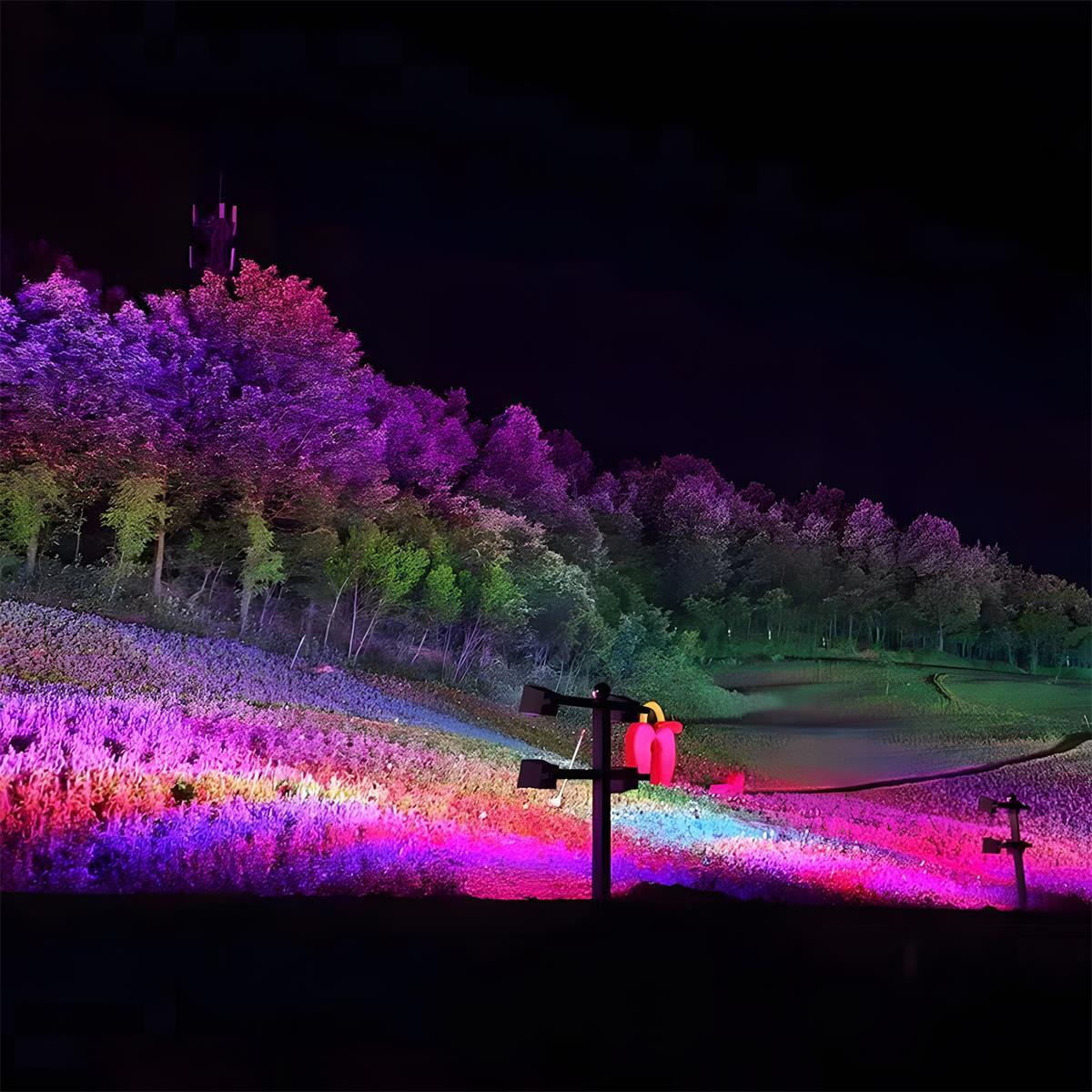 Outdoor LED Spotlight with RGB lighting in sleek black design, available in 30W, 50W, or 72W options, ideal for enhancing 1
