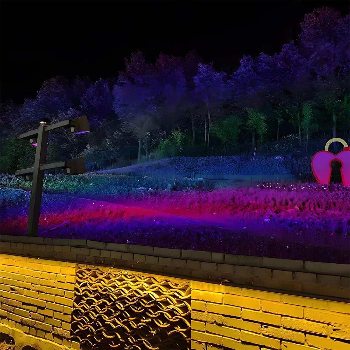Outdoor LED Spotlight with RGB lighting in sleek black design, available in 30W, 50W, or 72W options, ideal for enhancing 4