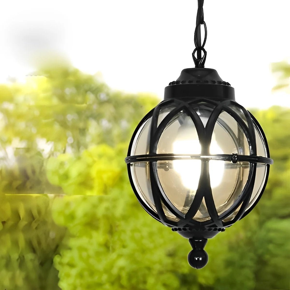Outdoor pendant light featuring a stylish aluminum globe design, available in black or bronze finish, offered in multiple sizes for versatile outdoor decor. 2