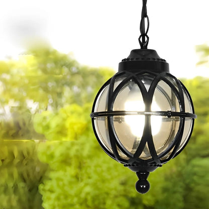 Outdoor pendant light featuring a stylish aluminum globe design, available in black or bronze finish, offered in multiple sizes for versatile outdoor decor. 2