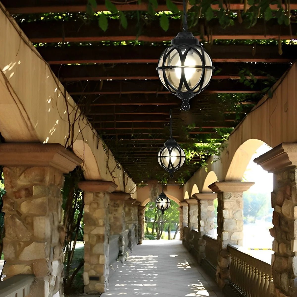 Outdoor pendant light featuring a stylish aluminum globe design, available in black or bronze finish, offered in multiple sizes for versatile outdoor decor. 1