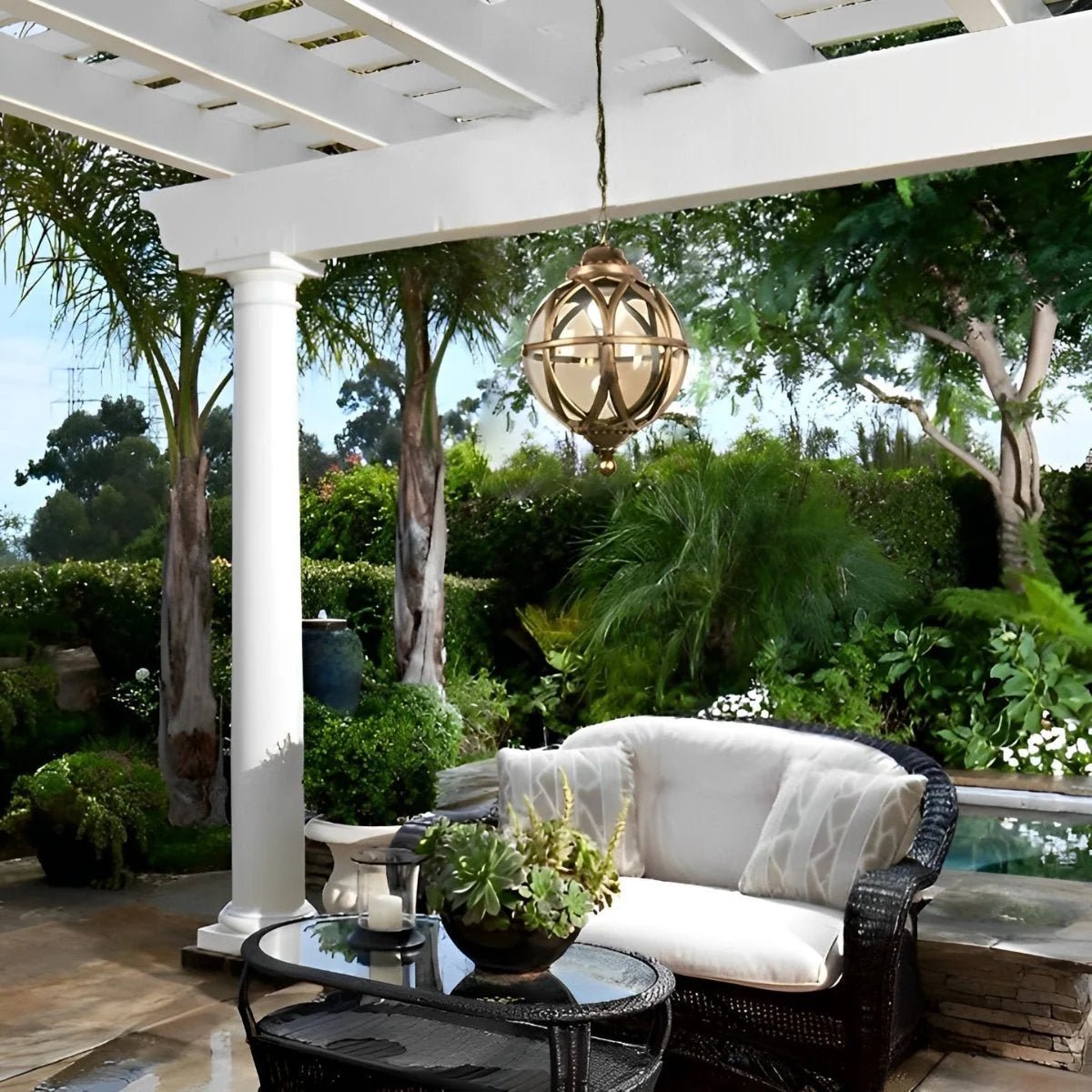 Outdoor pendant light featuring a stylish aluminum globe design, available in black or bronze finish, offered in multiple sizes for versatile outdoor decor. 3