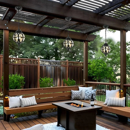 Outdoor pendant light featuring a stylish aluminum globe design, available in black or bronze finish, offered in multiple sizes for versatile outdoor decor. 7
