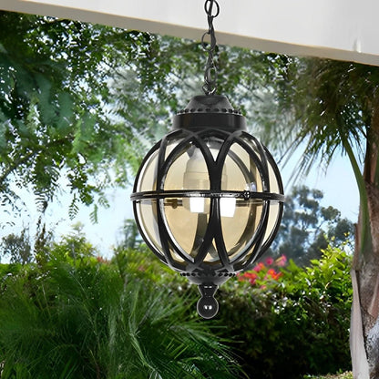 Outdoor pendant light featuring a stylish aluminum globe design, available in black or bronze finish, offered in multiple sizes for versatile outdoor decor. 0