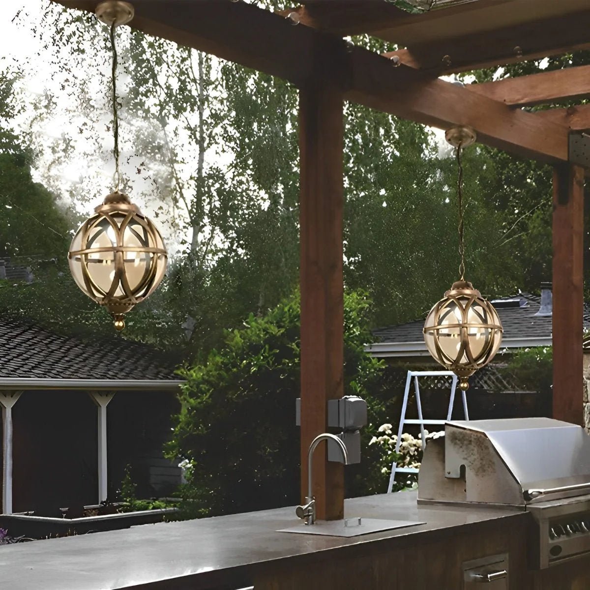 Outdoor pendant light featuring a stylish aluminum globe design, available in black or bronze finish, offered in multiple sizes for versatile outdoor decor. 5