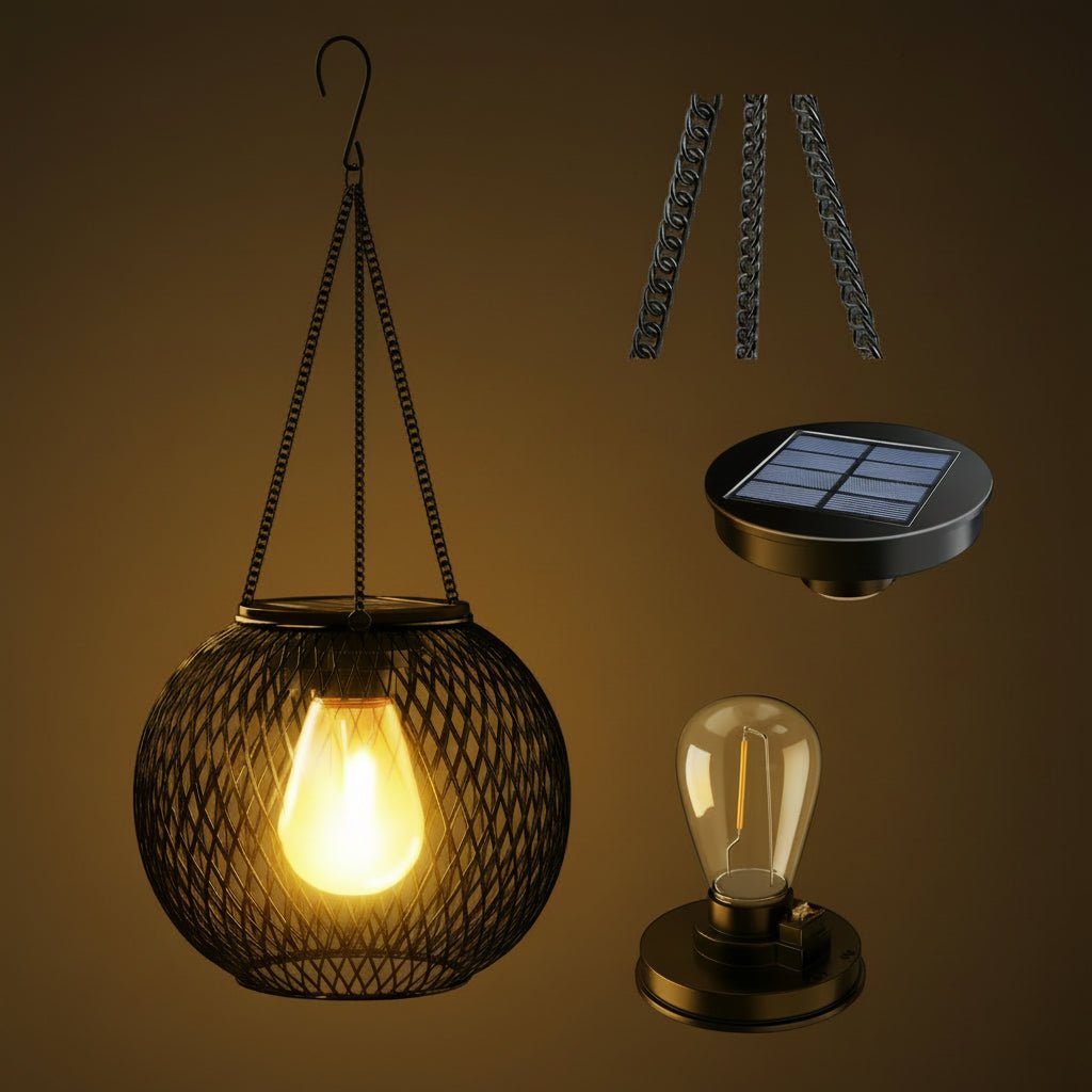 Outdoor solar lantern featuring a wrought iron hanging design, equipped with LED light, perfect for garden and patio decoration. 5