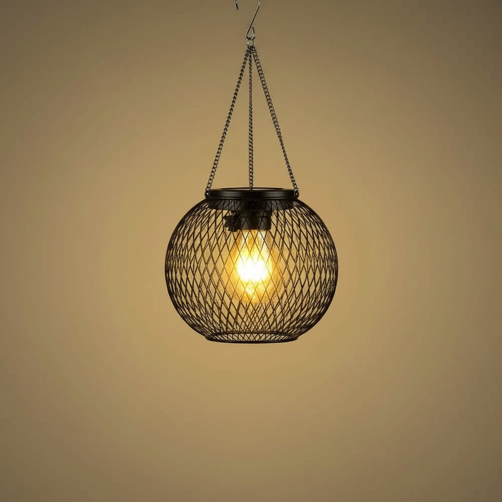Outdoor solar lantern featuring a wrought iron hanging design, equipped with LED light, perfect for garden and patio decoration. 2