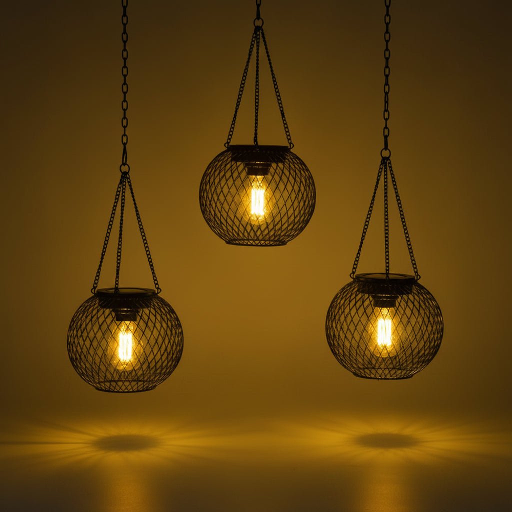 Outdoor solar lantern featuring a wrought iron hanging design, equipped with LED light, perfect for garden and patio decoration. 4
