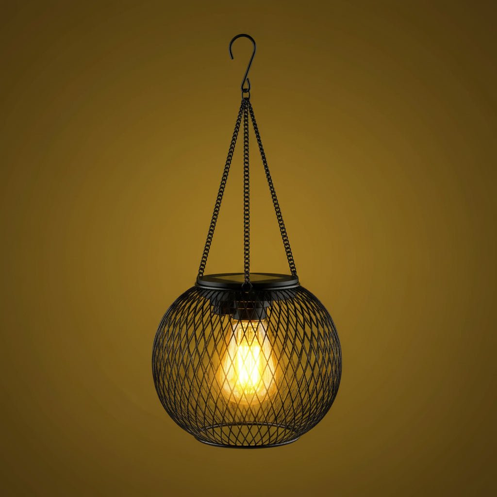 Outdoor solar lantern featuring a wrought iron hanging design, equipped with LED light, perfect for garden and patio decoration. 1