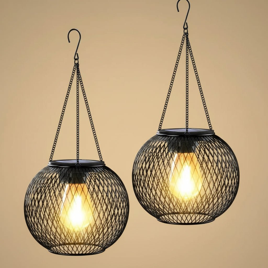 Outdoor solar lantern featuring a wrought iron hanging design, equipped with LED light, perfect for garden and patio decoration. 3