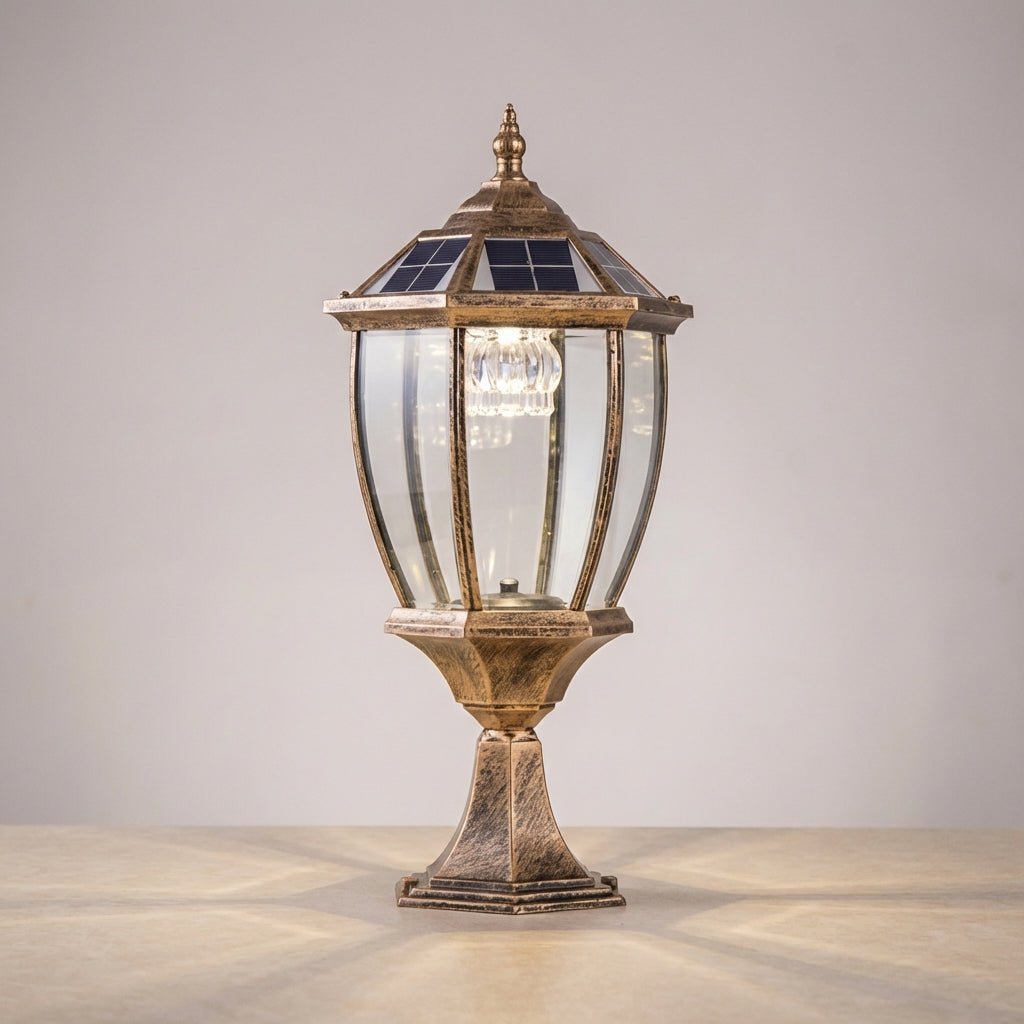 Outdoor solar lantern featuring a warm LED light, crafted from durable retro aluminum and glass, perfect for garden or patio illumination. 0