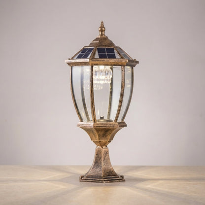 Outdoor solar lantern featuring a warm LED light, crafted from durable retro aluminum and glass, perfect for garden or patio illumination. 0