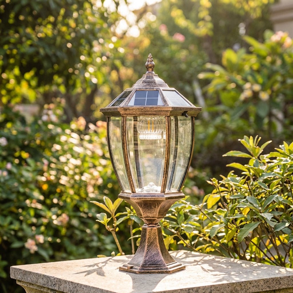 Outdoor solar lantern featuring a warm LED light, crafted from durable retro aluminum and glass, perfect for garden or patio illumination. 1