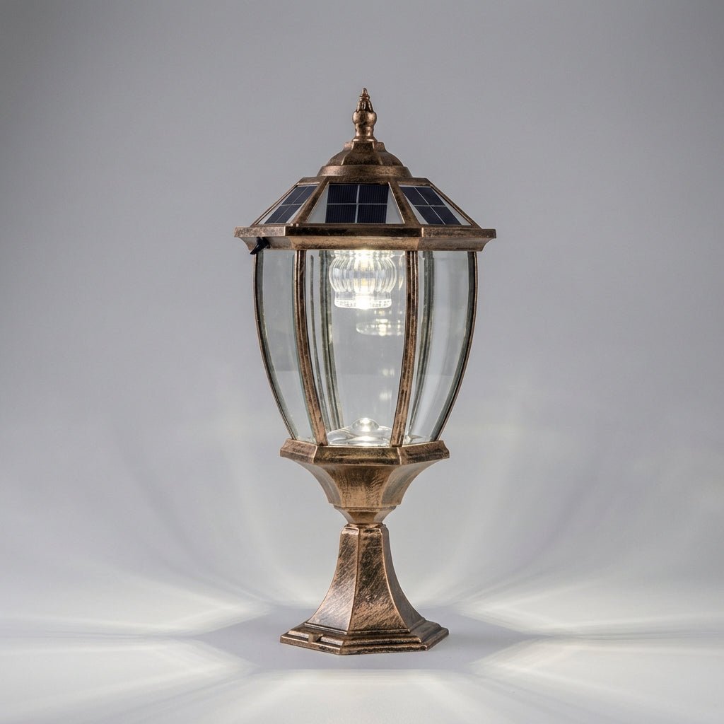 Outdoor solar lantern featuring a warm LED light, crafted from durable retro aluminum and glass, perfect for garden or patio illumination. 2