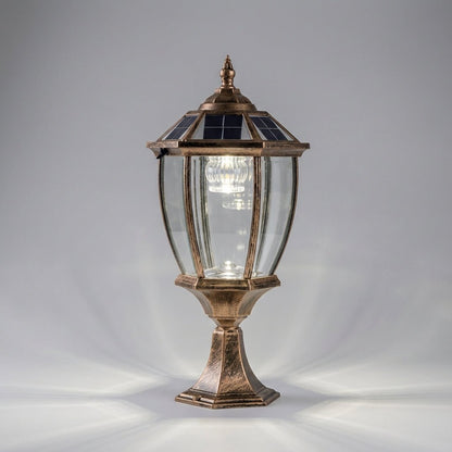 Outdoor solar lantern featuring a warm LED light, crafted from durable retro aluminum and glass, perfect for garden or patio illumination. 2