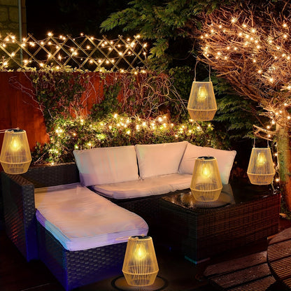 Elegant outdoor solar lanterns featuring a woven design, perfect for eco-friendly lighting in gardens and patios, showcasing a warm glow at night. 1
