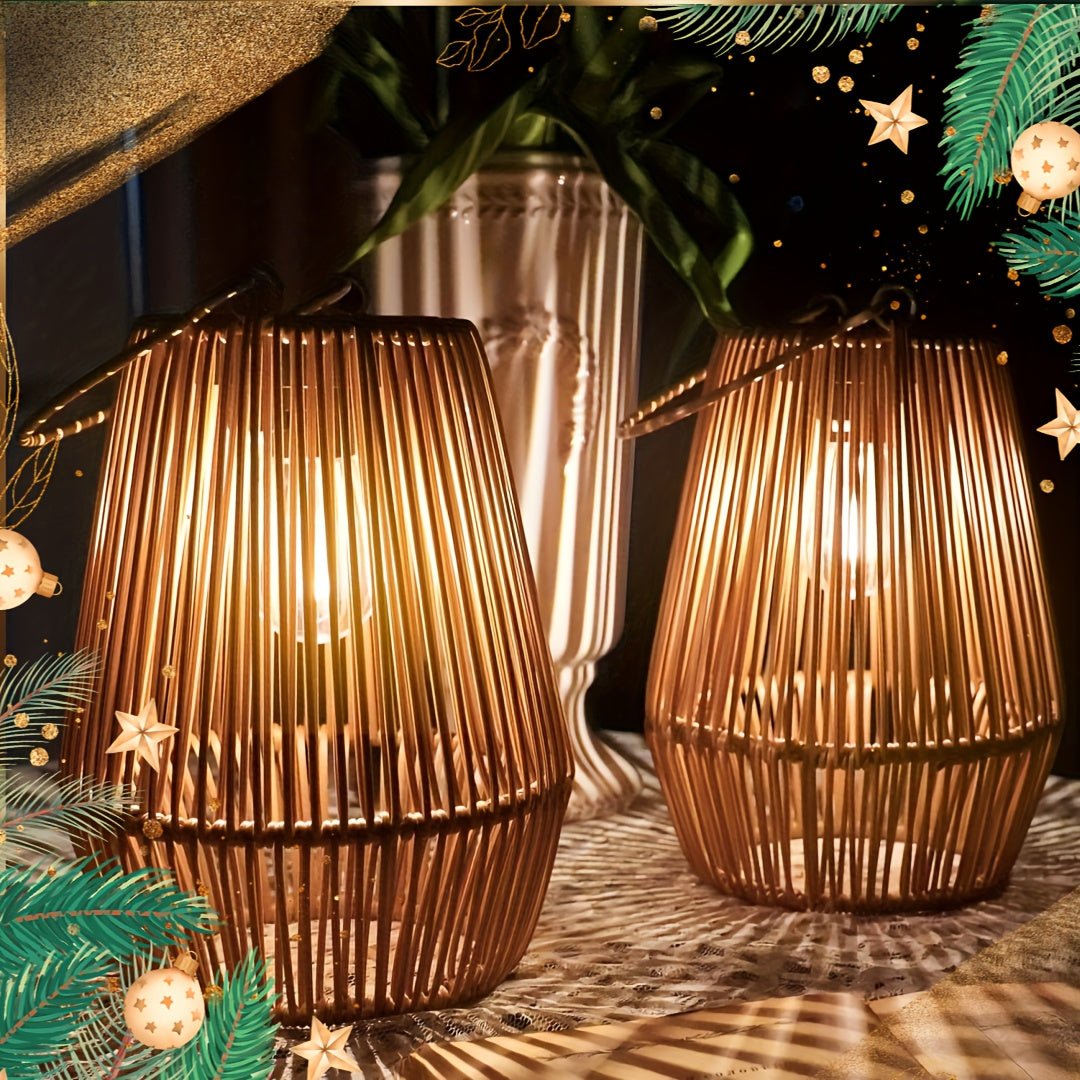 Elegant outdoor solar lanterns featuring a woven design, perfect for eco-friendly lighting in gardens and patios, showcasing a warm glow at night. 0