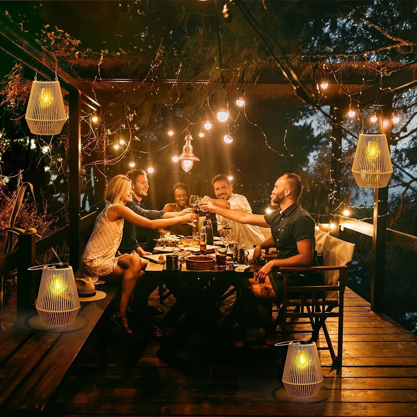 Elegant outdoor solar lanterns featuring a woven design, perfect for eco-friendly lighting in gardens and patios, showcasing a warm glow at night. 7