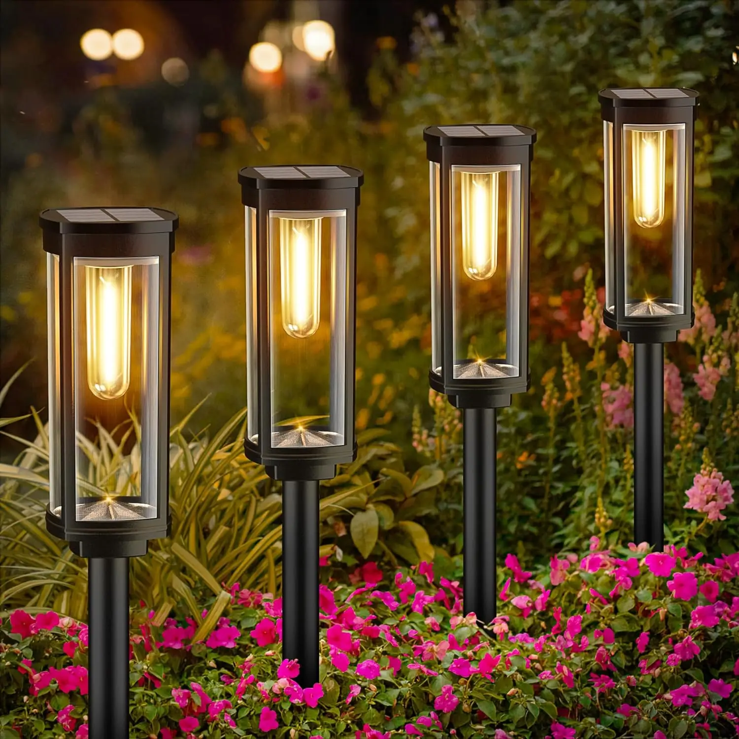 Outdoor solar LED floor lamps featuring durable glass housing, designed for weather resistance and illuminating pathways effectively. 0
