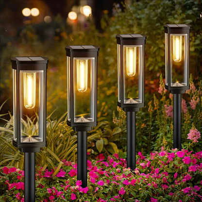 Outdoor solar LED floor lamps featuring durable glass housing, designed for weather resistance and illuminating pathways effectively. 0