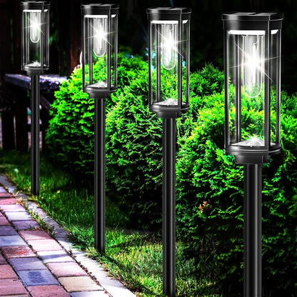 Outdoor solar LED floor lamps featuring durable glass housing, designed for weather resistance and illuminating pathways effectively. 2