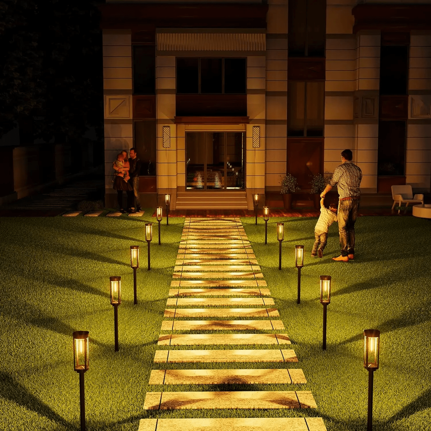 Outdoor solar LED floor lamps featuring durable glass housing, designed for weather resistance and illuminating pathways effectively. 3