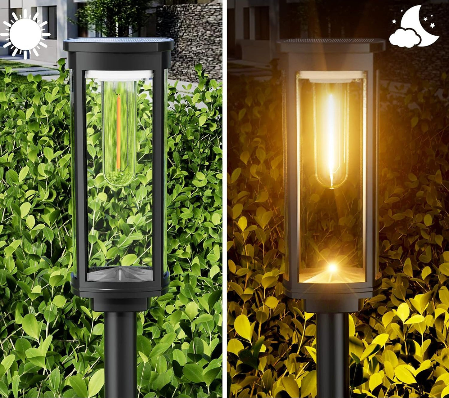 Outdoor solar LED floor lamps featuring durable glass housing, designed for weather resistance and illuminating pathways effectively. 6