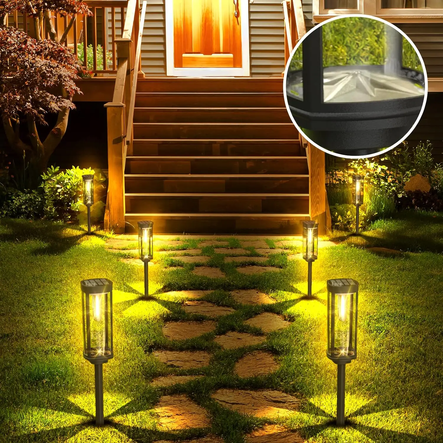 Outdoor solar LED floor lamps featuring durable glass housing, designed for weather resistance and illuminating pathways effectively. 4