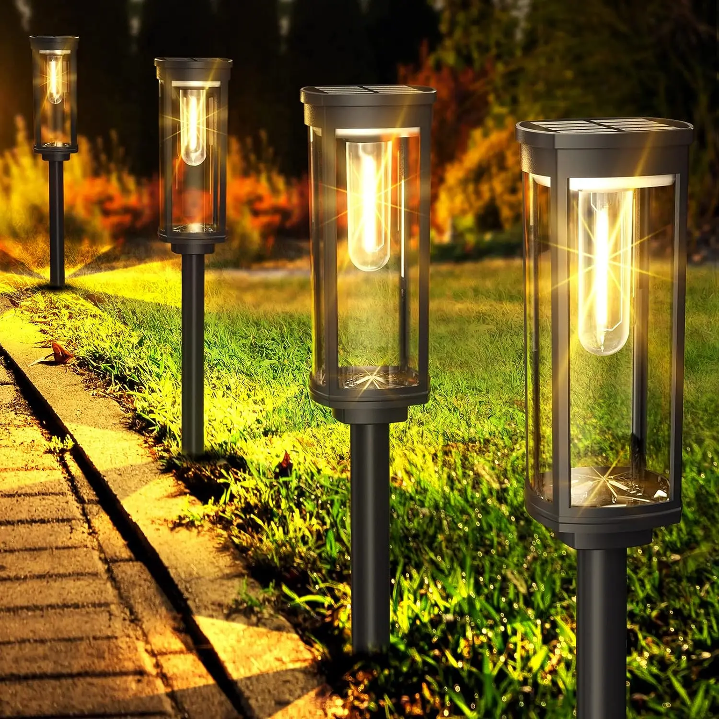 Outdoor solar LED floor lamps featuring durable glass housing, designed for weather resistance and illuminating pathways effectively. 1