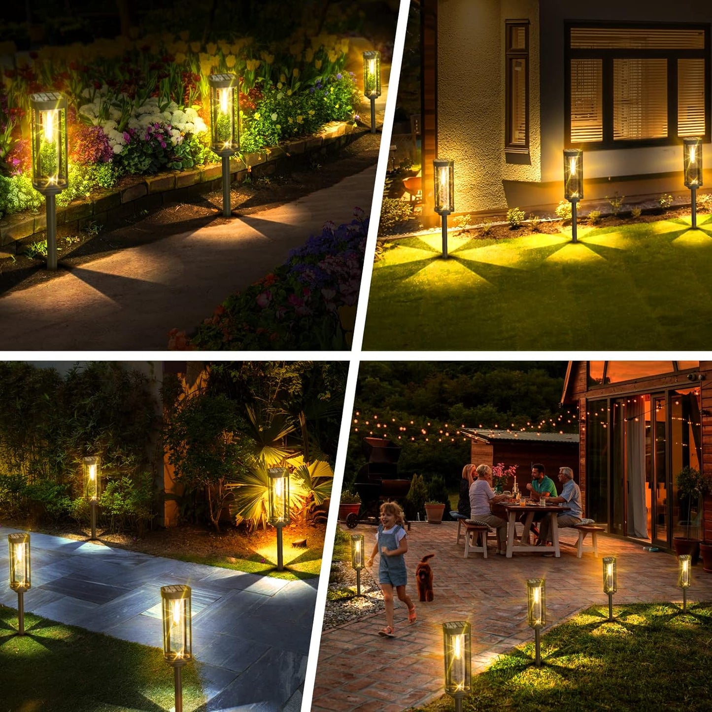 Outdoor solar LED floor lamps featuring durable glass housing, designed for weather resistance and illuminating pathways effectively. 5
