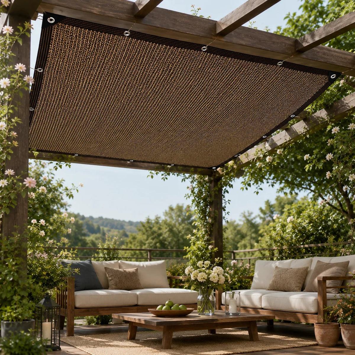 Outdoor stretchable side shade panel featuring reinforced edges and a stylish woven texture, designed for effective sun and rain protection in outdoor spaces. 1